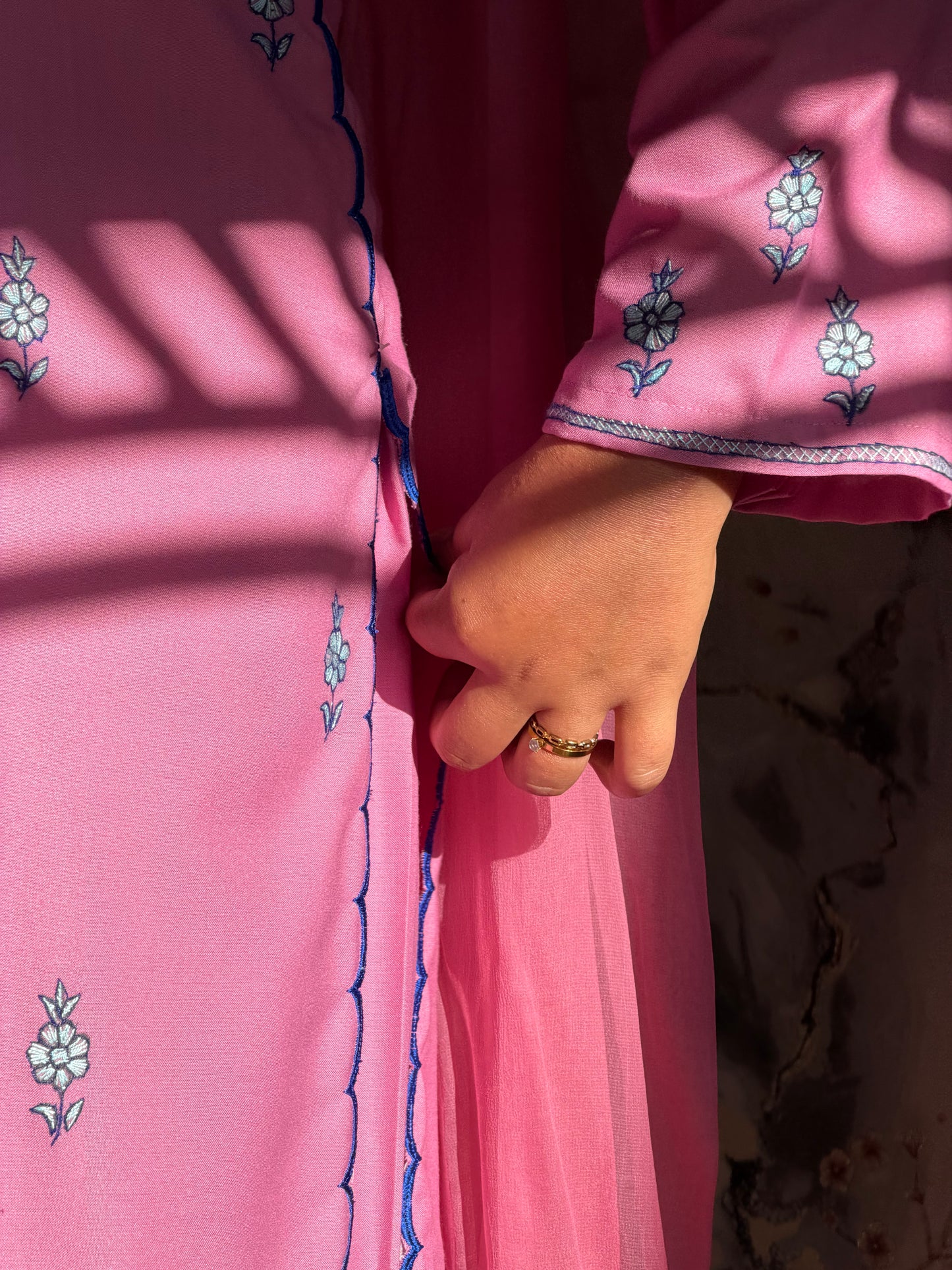 3-Piece Taffy Pink Suit with Hand Sozni Work with Extensive Royal Blue Scalping + Half Pure Dupatta