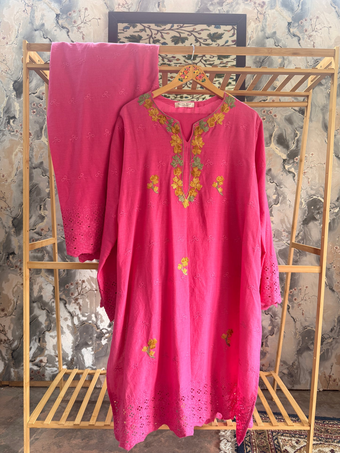 3 Piece Rani Pink Aari Work Suit with Chikankari Print