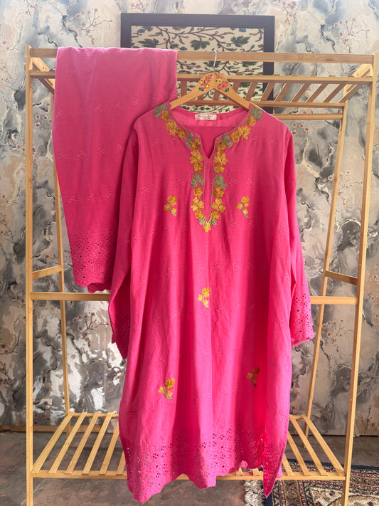3 Piece Rani Pink Aari Work Suit with Chikankari Print