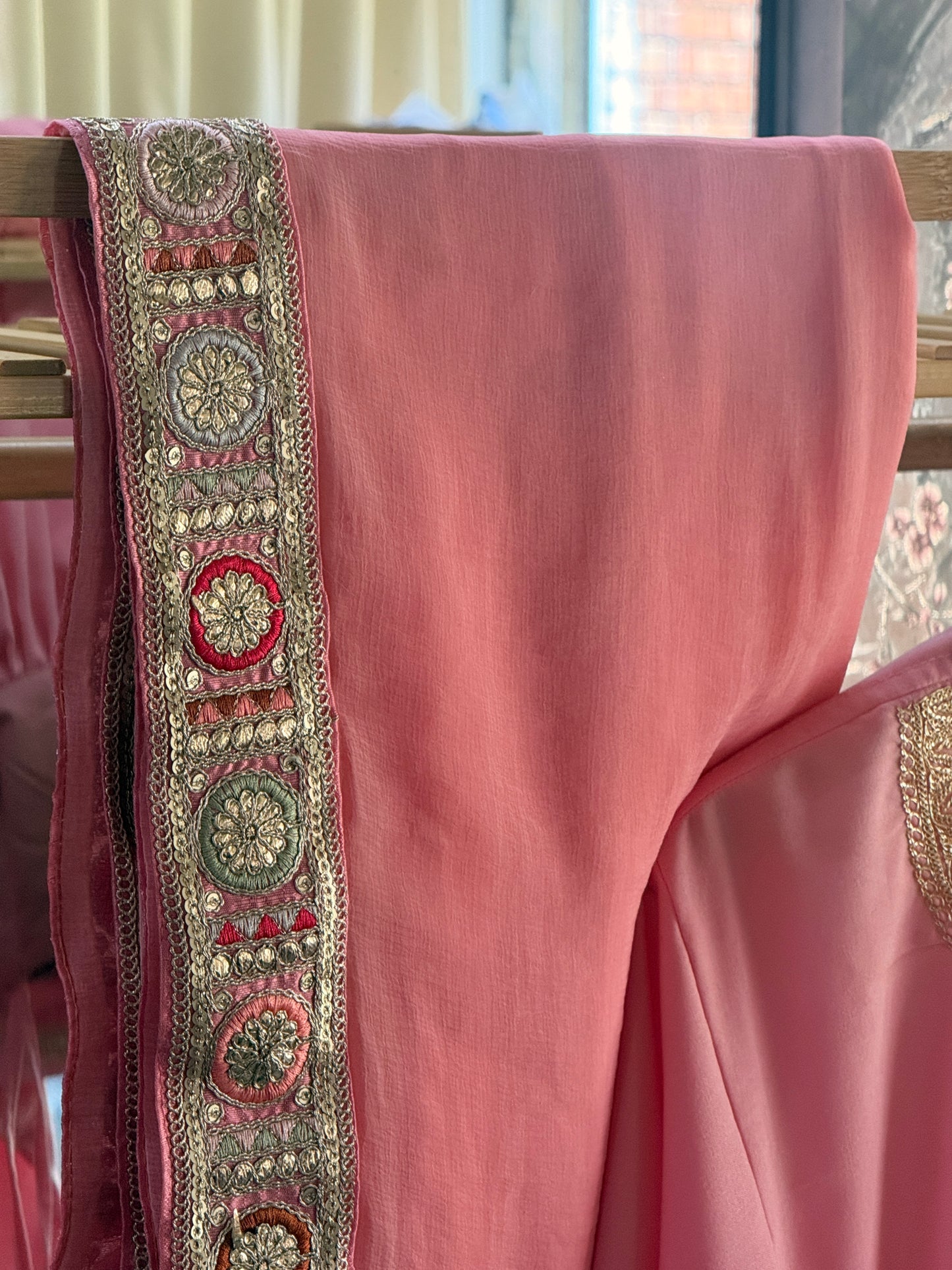3-Piece Baby Pink Pheran Set with Hand Tilla and Complementary Lace