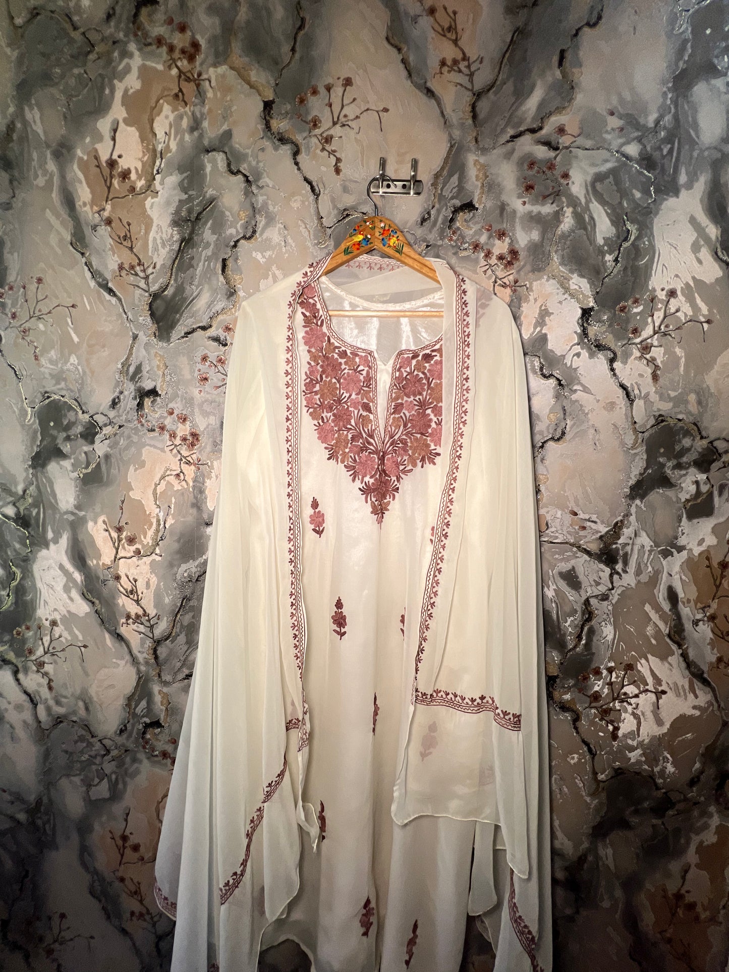 3-Piece white Suit with beautiful Aari work on shirt and dupatta