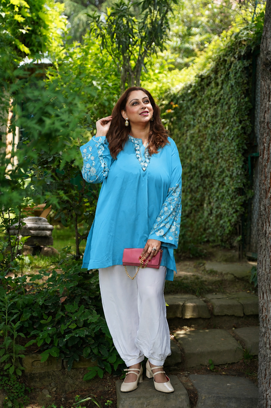 2-Piece Peacock Blue Co-Ord with Sleeve Jaali Work and White Balloon Pants