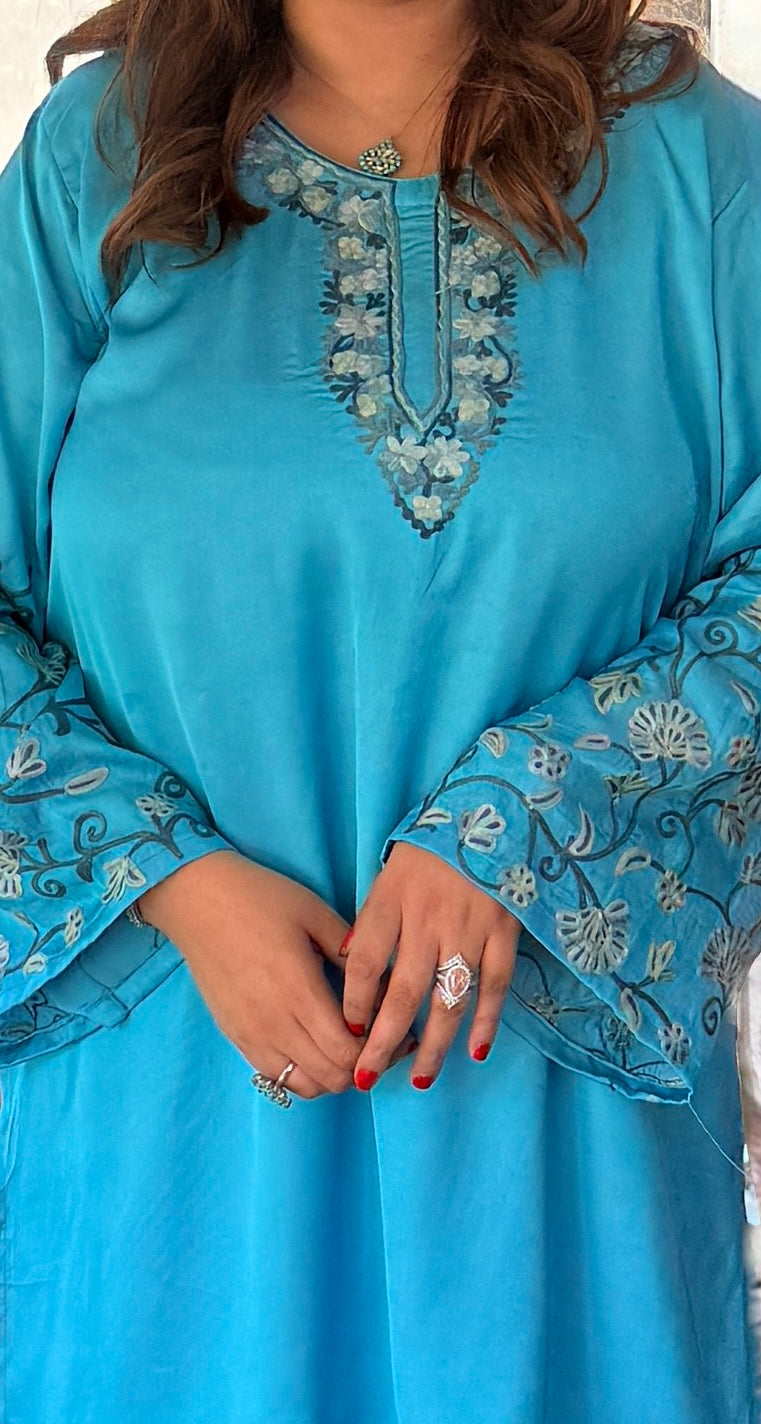 2-Piece Peacock Blue Co-Ord with Sleeve Jaali Work and White Balloon Pants