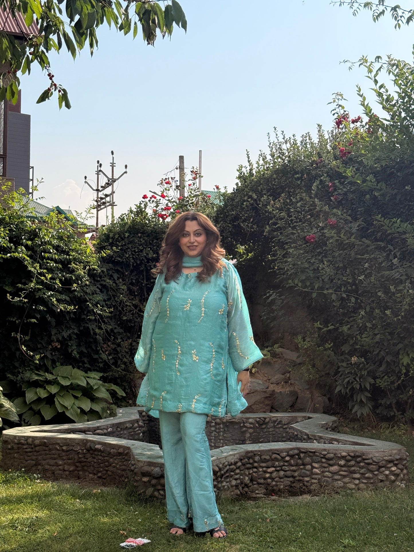 3-Piece Sea Green Cut Dana Work Set with Flared Pants