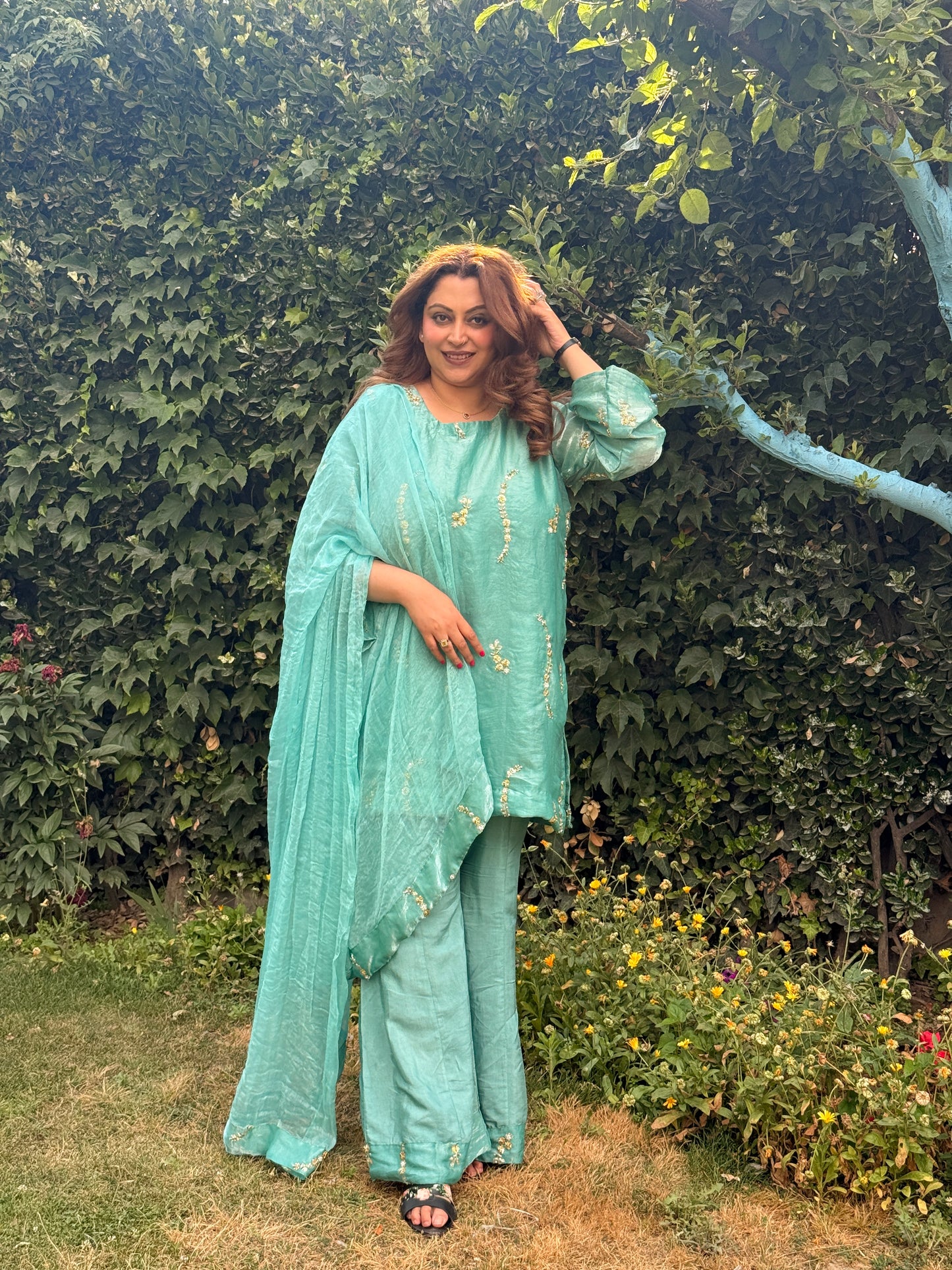 3-Piece Sea Green Cut Dana Work Set with Flared Pants