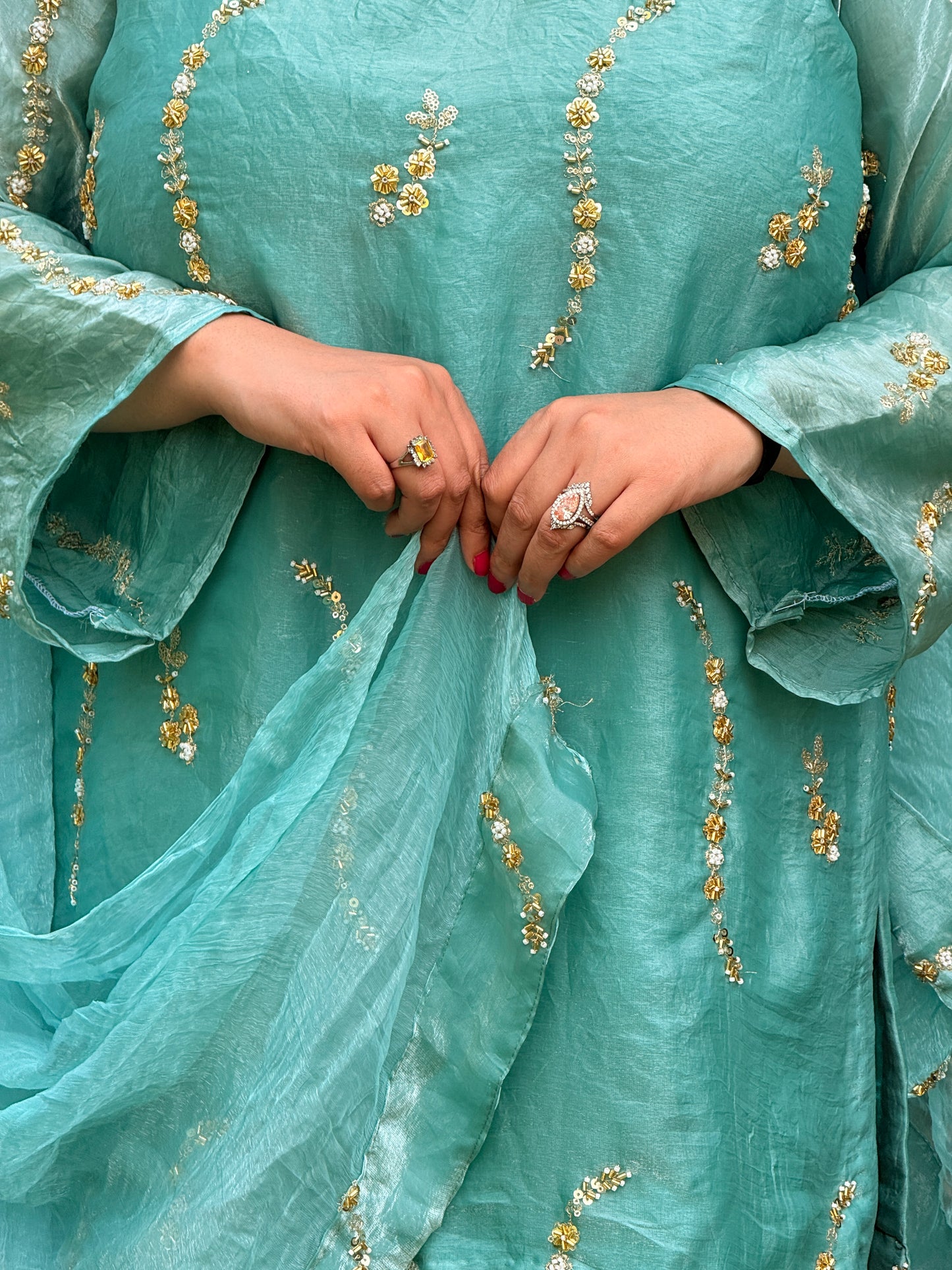 3-Piece Sea Green Cut Dana Work Set with Flared Pants