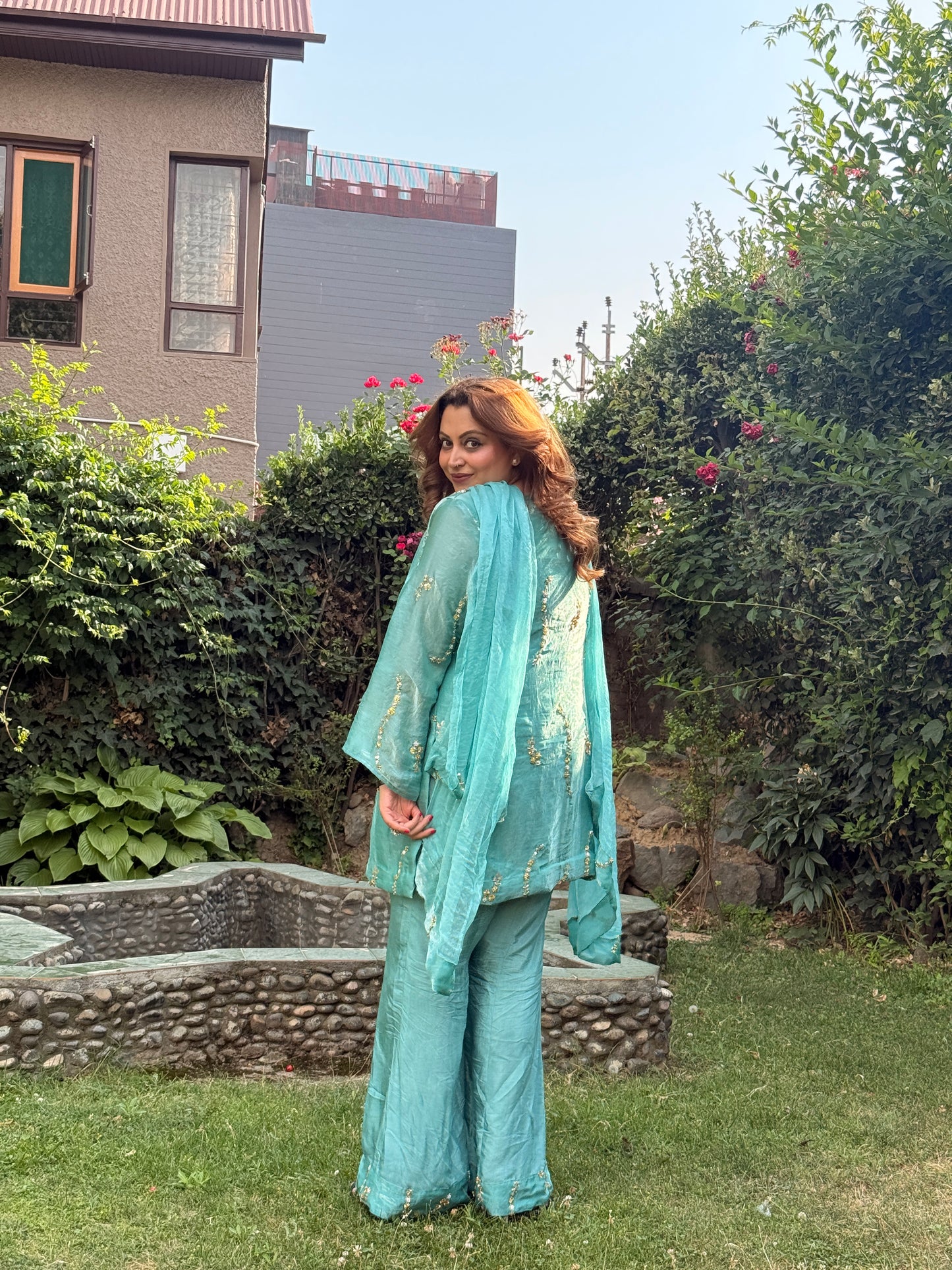 3-Piece Sea Green Cut Dana Work Set with Flared Pants