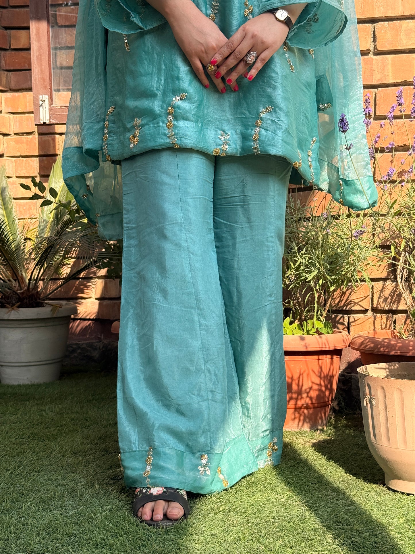3-Piece Sea Green Cut Dana Work Set with Flared Pants