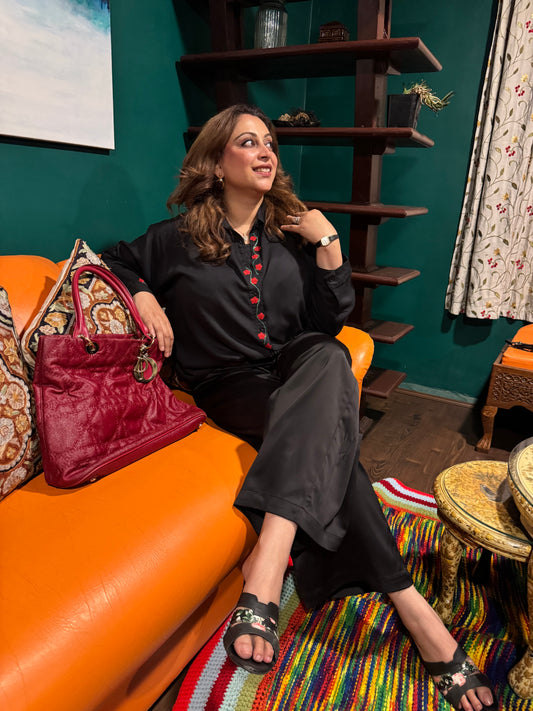 Embroidered Black Button Down Shirt with Floral Aari Embroidery