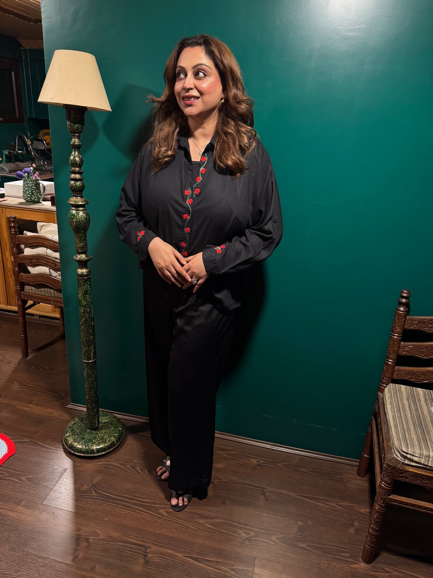 Embroidered Black Button Down Shirt with Floral Aari Embroidery