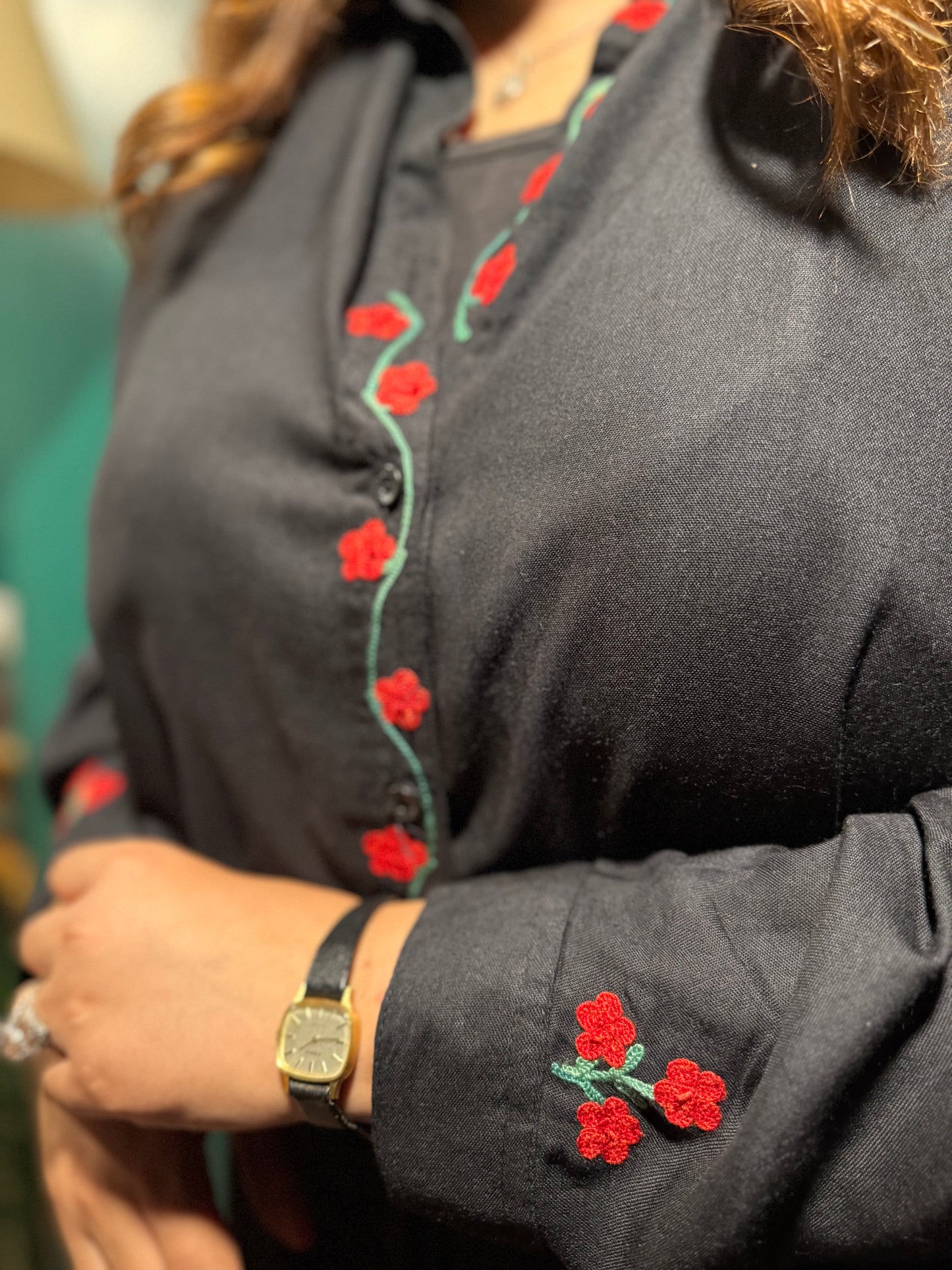Embroidered Black Button Down Shirt with Floral Aari Embroidery