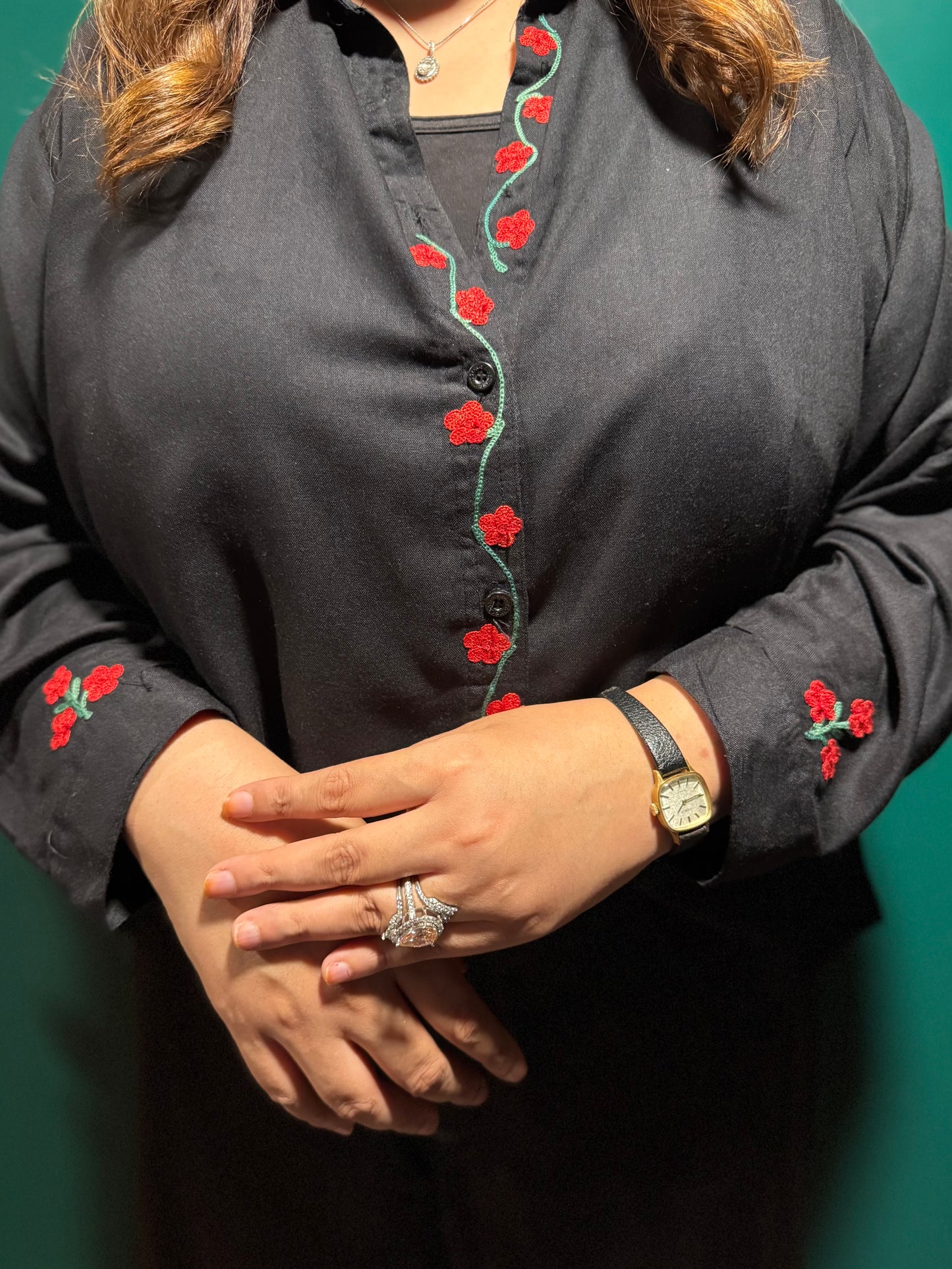 Embroidered Black Button Down Shirt with Floral Aari Embroidery