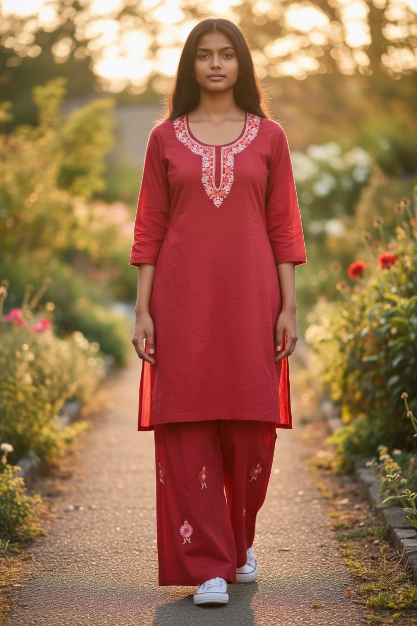 2-Piece Crimson Red Aari Farshi Co-Ord Set