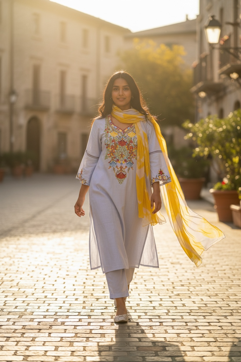 3-Piece Pastel Blue Suit with Hand-Embroidered Aari Bodice