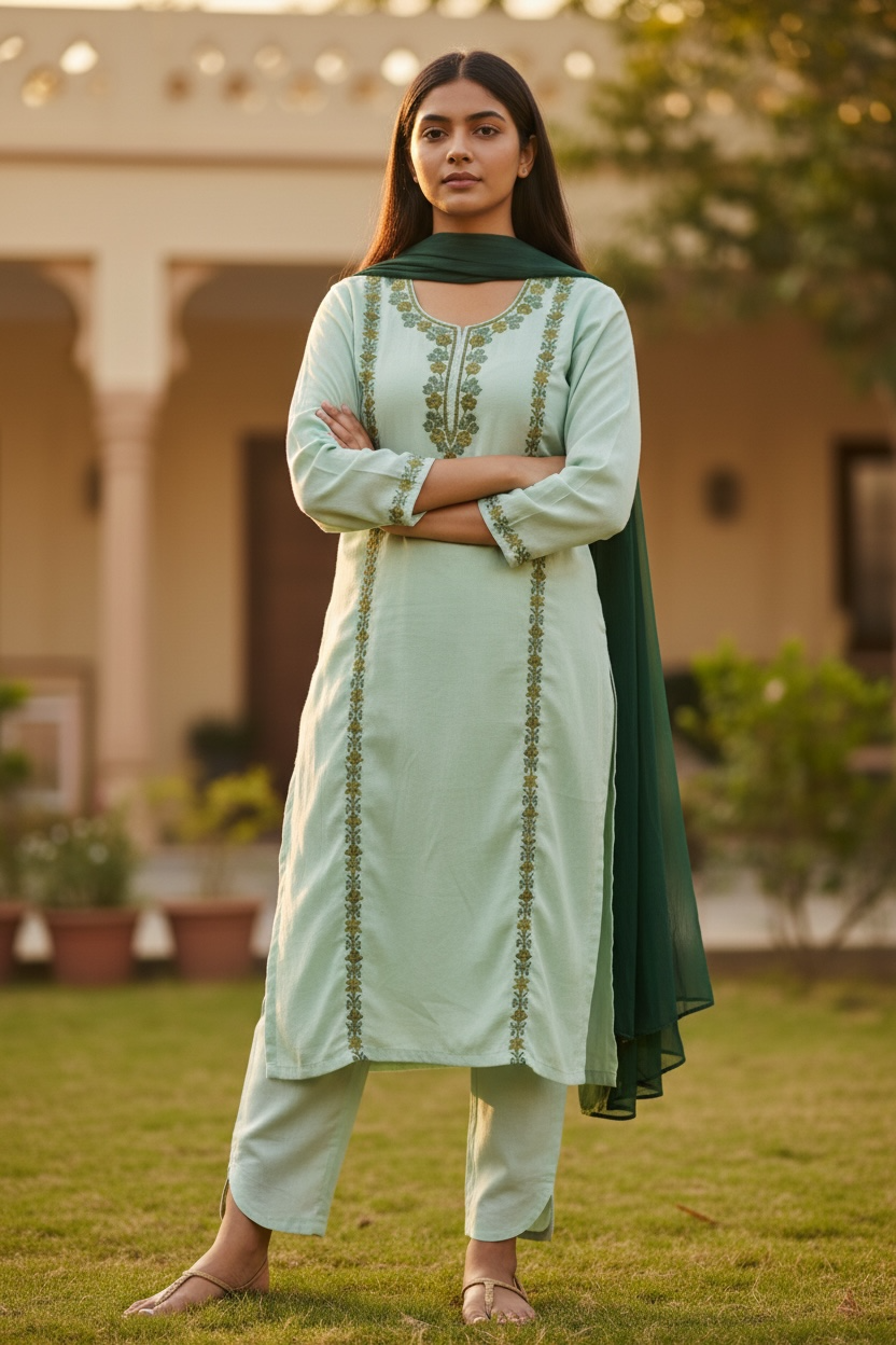 3-Piece Pastel Mint and Green Panel Aari Work Suit