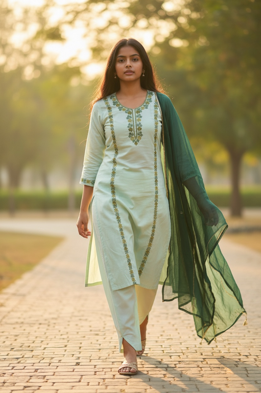 3-Piece Pastel Mint and Green Panel Aari Work Suit