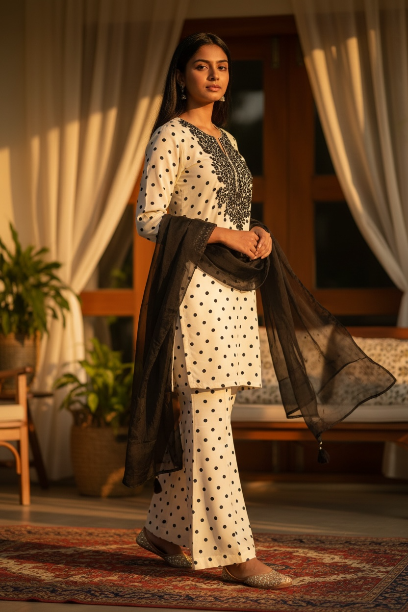 3-Piece Butter Yellow Polka Dot Aari Co-Ord Set