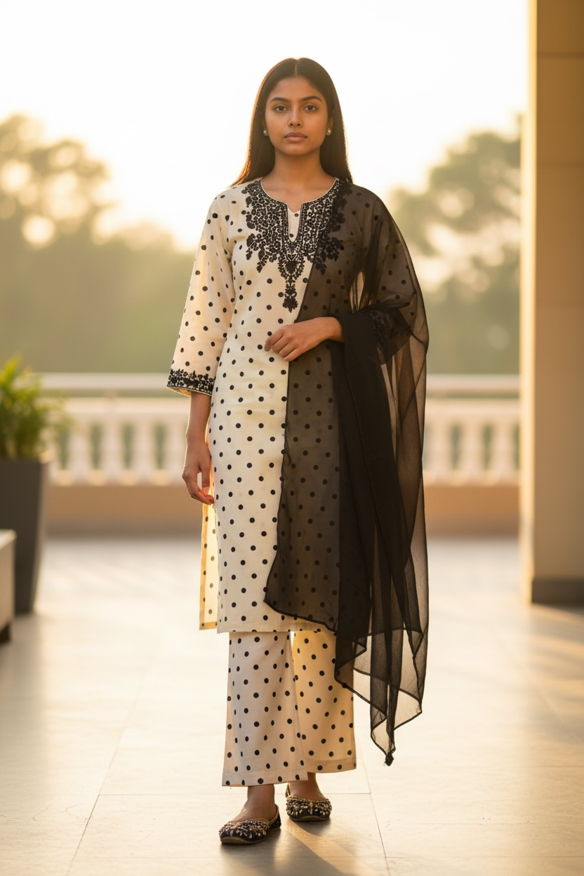 3-Piece Butter Yellow Polka Dot Aari Co-Ord Set