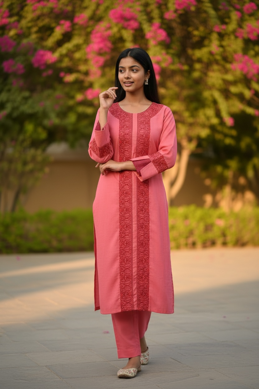 3-Piece Salmon Pink Suit with Hand-Embroidered Panel Work with Laced Sleeves