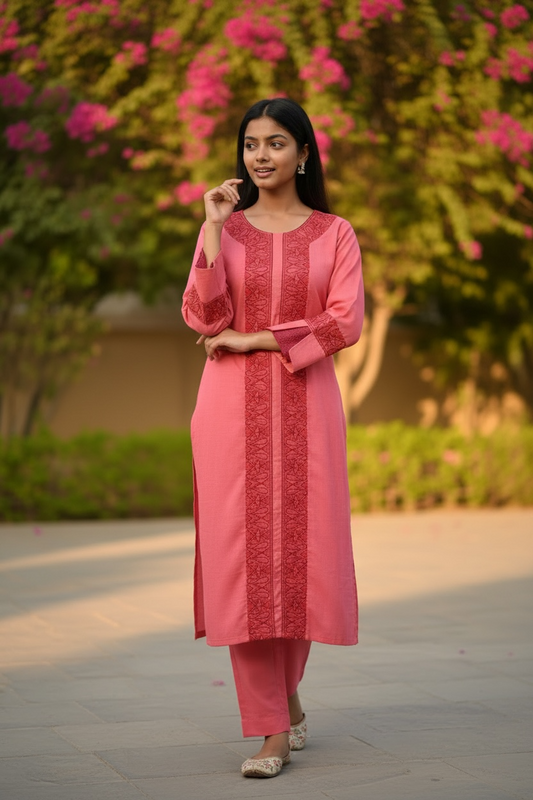 3-Piece Salmon Pink Suit with Hand-Embroidered Panel Work with Laced Sleeves