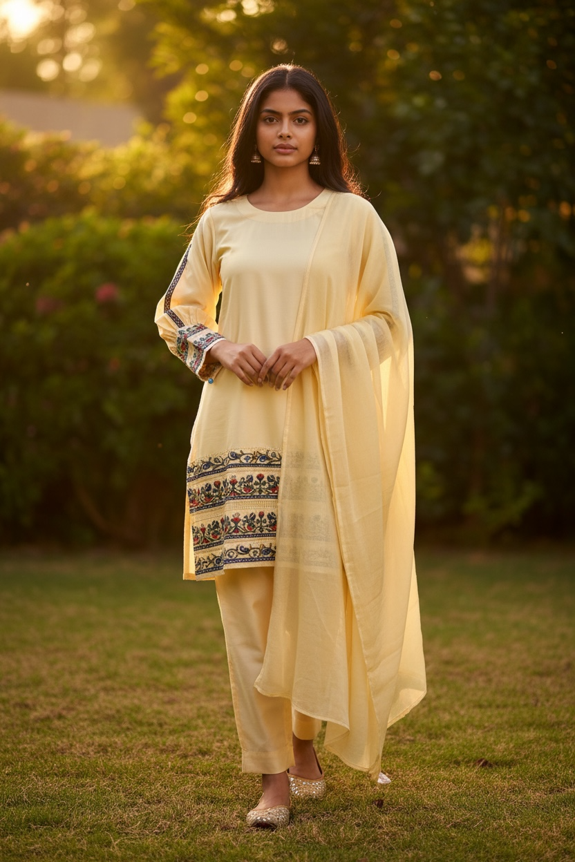 3-Piece Butter Yellow Suit with Hand-Embroidered Aari & Cutwork with Pearl and Buttoned Sleeves
