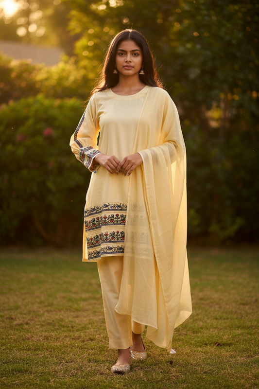 3-Piece Butter Yellow Suit with Hand-Embroidered Aari & Cutwork with Pearl and Buttoned Sleeves