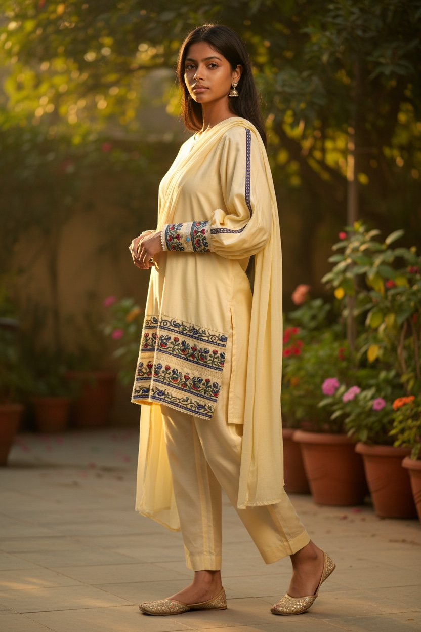 3-Piece Butter Yellow Suit with Hand-Embroidered Aari & Cutwork with Pearl and Buttoned Sleeves