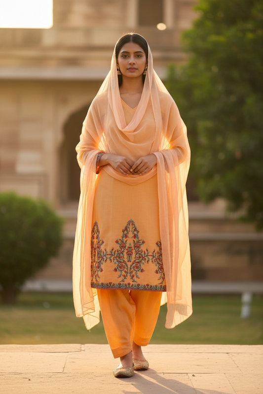3-Piece Coral Orange Suit with Hand-Embroidered Aari Work