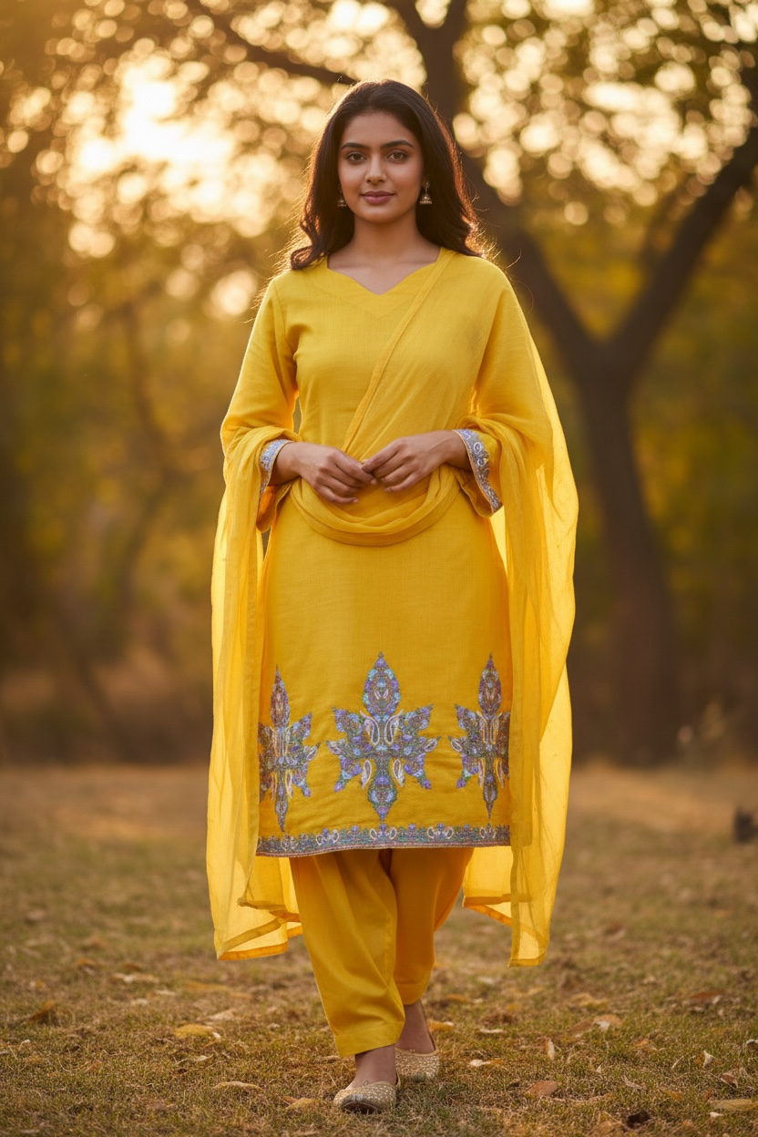3-Piece Mango Yellow Suit with Hand-Embroidered Aari Work