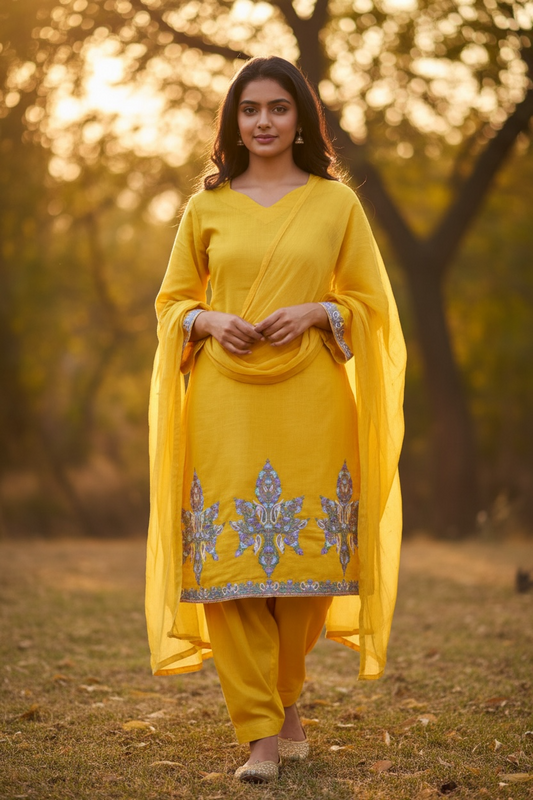 3-Piece Mango Yellow Suit with Hand-Embroidered Aari Work