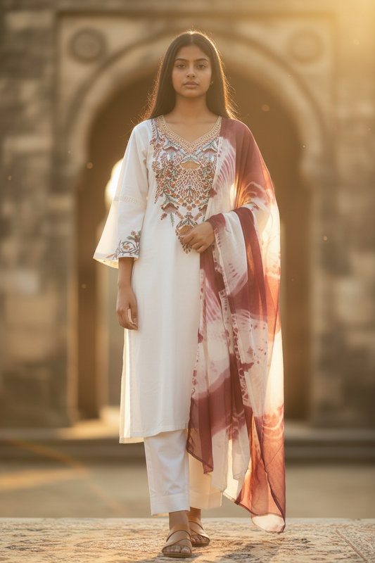3-Piece Off White and Maroon Suit with Hand-Embroidered Aari Bodice
