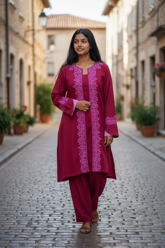 3-Piece Cherry Red Suit with Hand-Embroidered Panel Work with Laced Sleeves