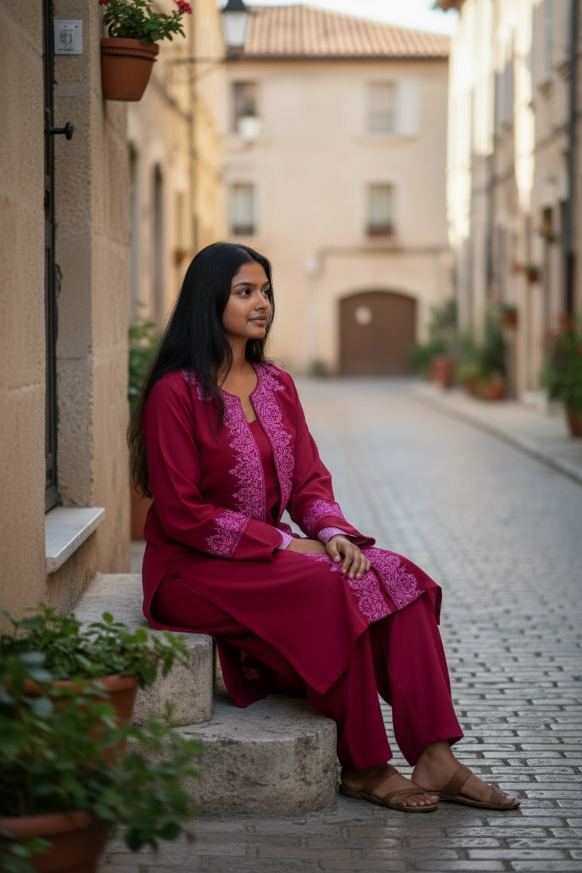 3-Piece Cherry Red Suit with Hand-Embroidered Panel Work with Laced Sleeves