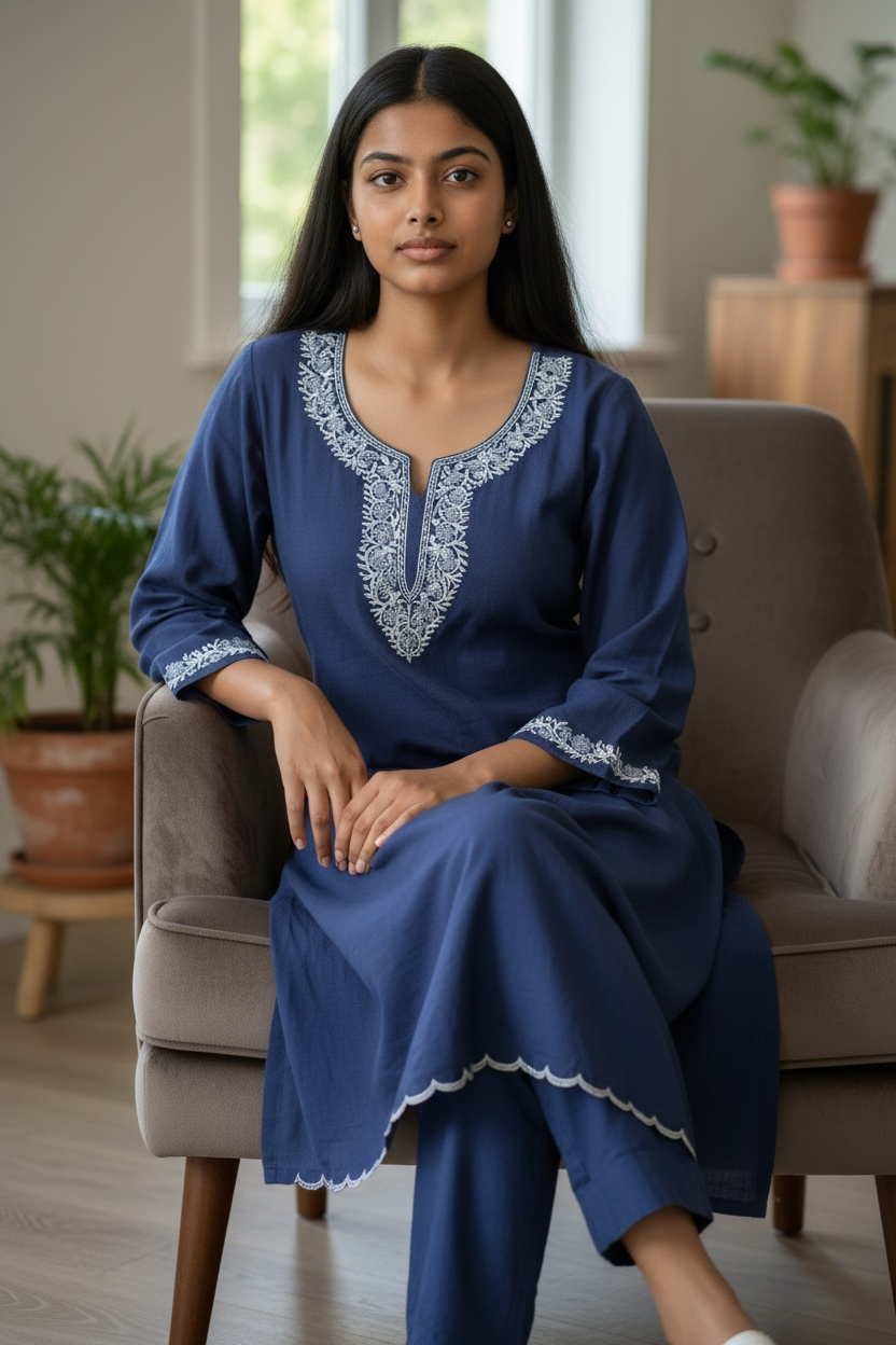2-Piece Indigo Blue Aari Co-Ord Set with Scalping Work