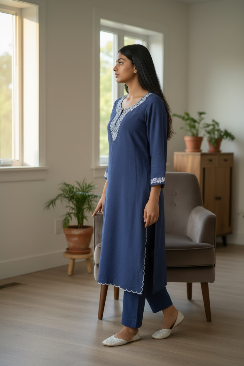 2-Piece Indigo Blue Aari Co-Ord Set with Scalping Work