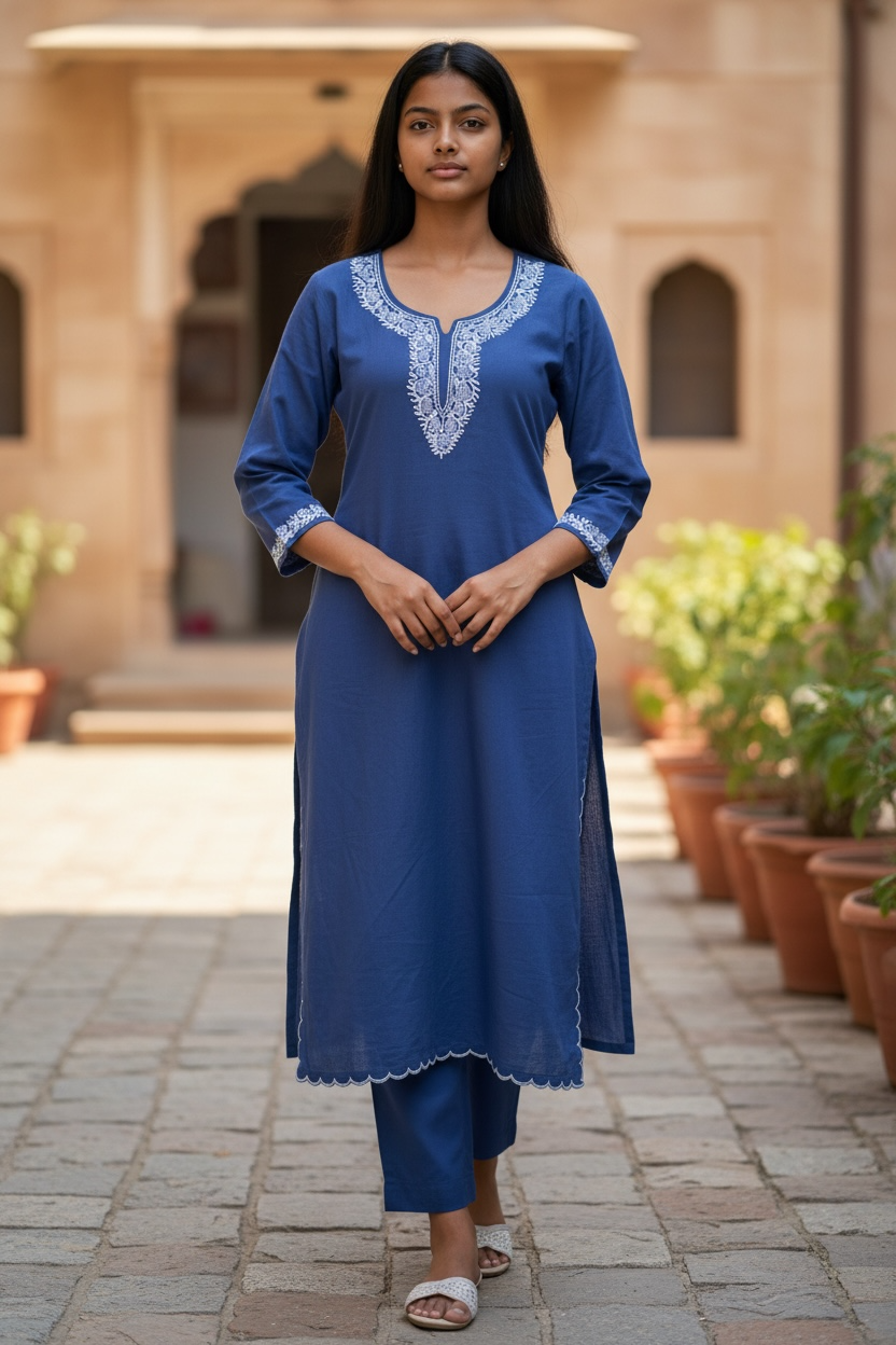 2-Piece Indigo Blue Aari Co-Ord Set with Scalping Work