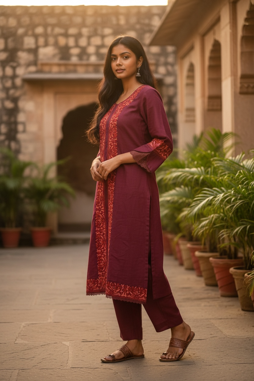 3-Piece Maroon Red Suit with Hand-Embroidered Panel Work with Laced Sleeves