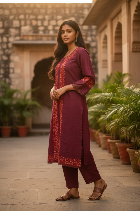 3-Piece Maroon Red Suit with Hand-Embroidered Panel Work with Laced Sleeves