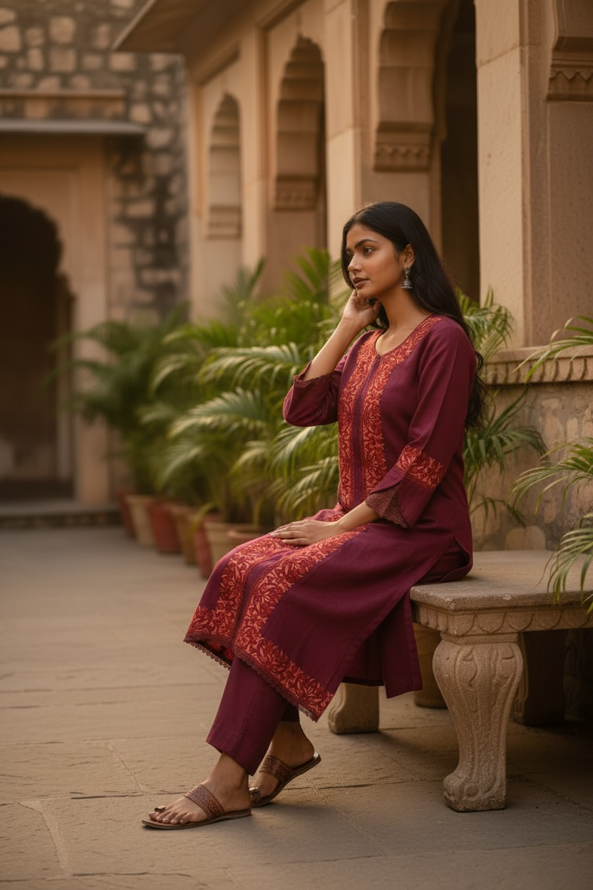 3-Piece Maroon Red Suit with Hand-Embroidered Panel Work with Laced Sleeves