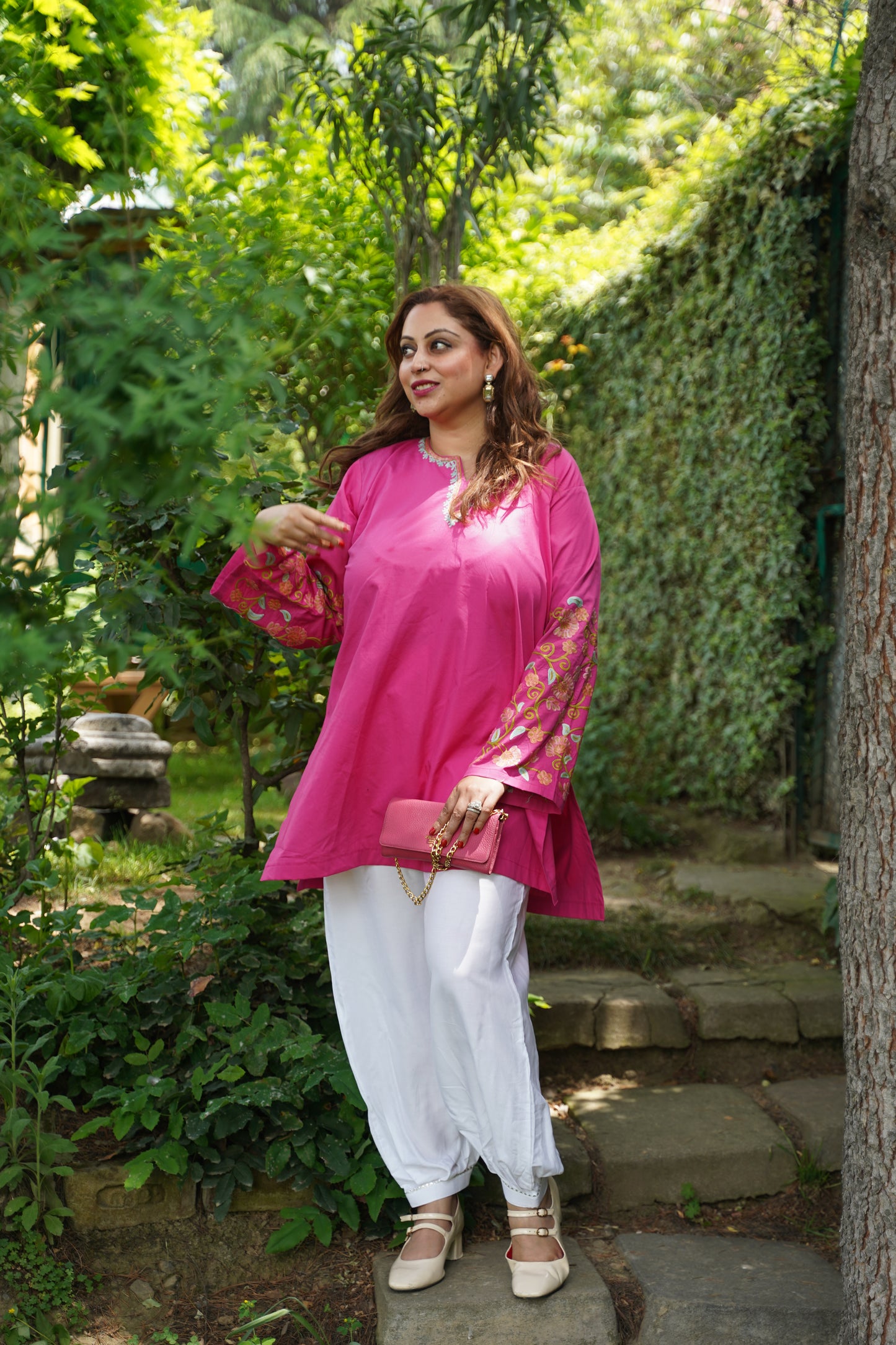 2-Piece Rani Pink Co-Ord with Sleeve Jaali Work and White Balloon Pants