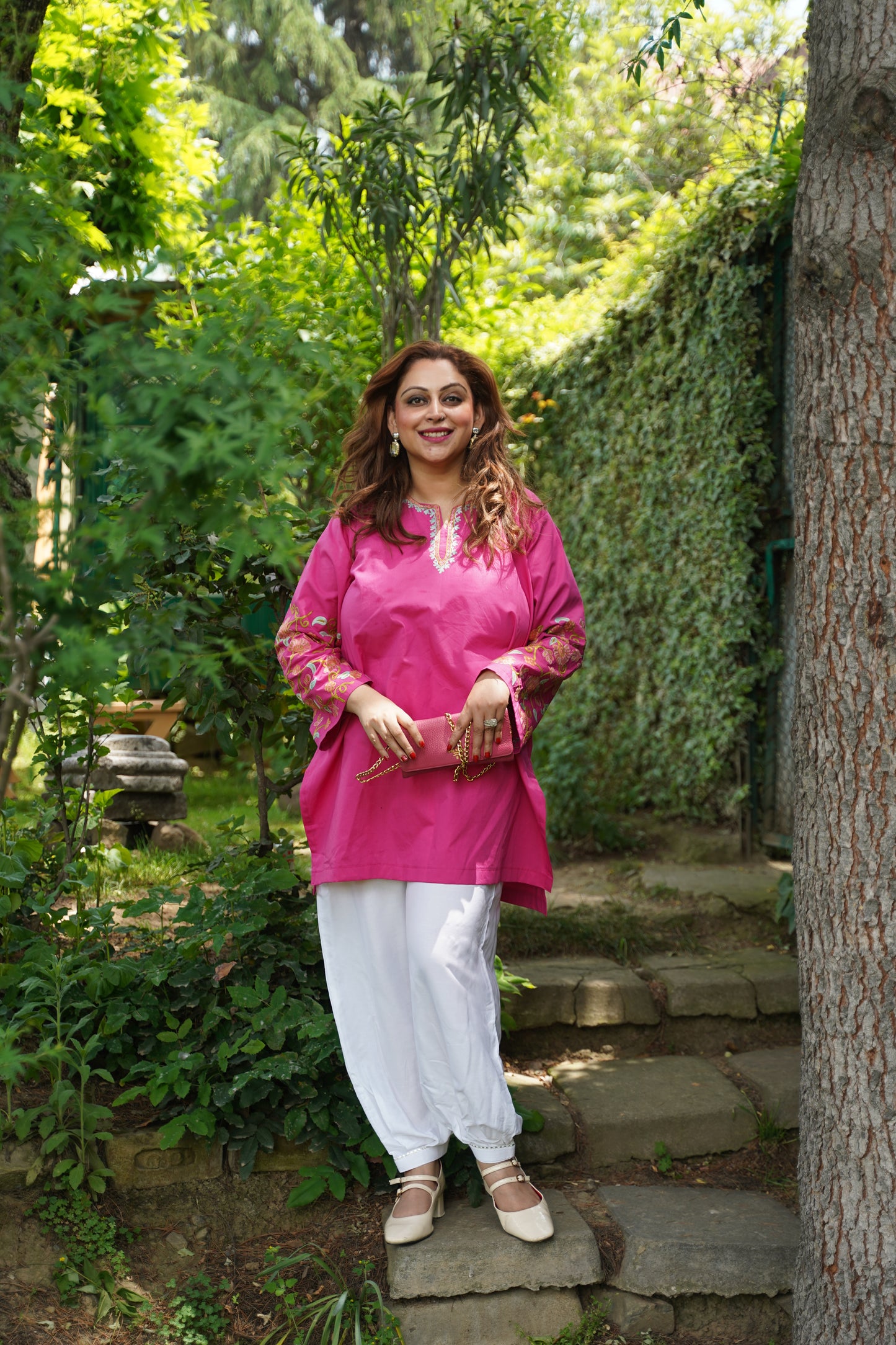 2-Piece Rani Pink Co-Ord with Sleeve Jaali Work and White Balloon Pants