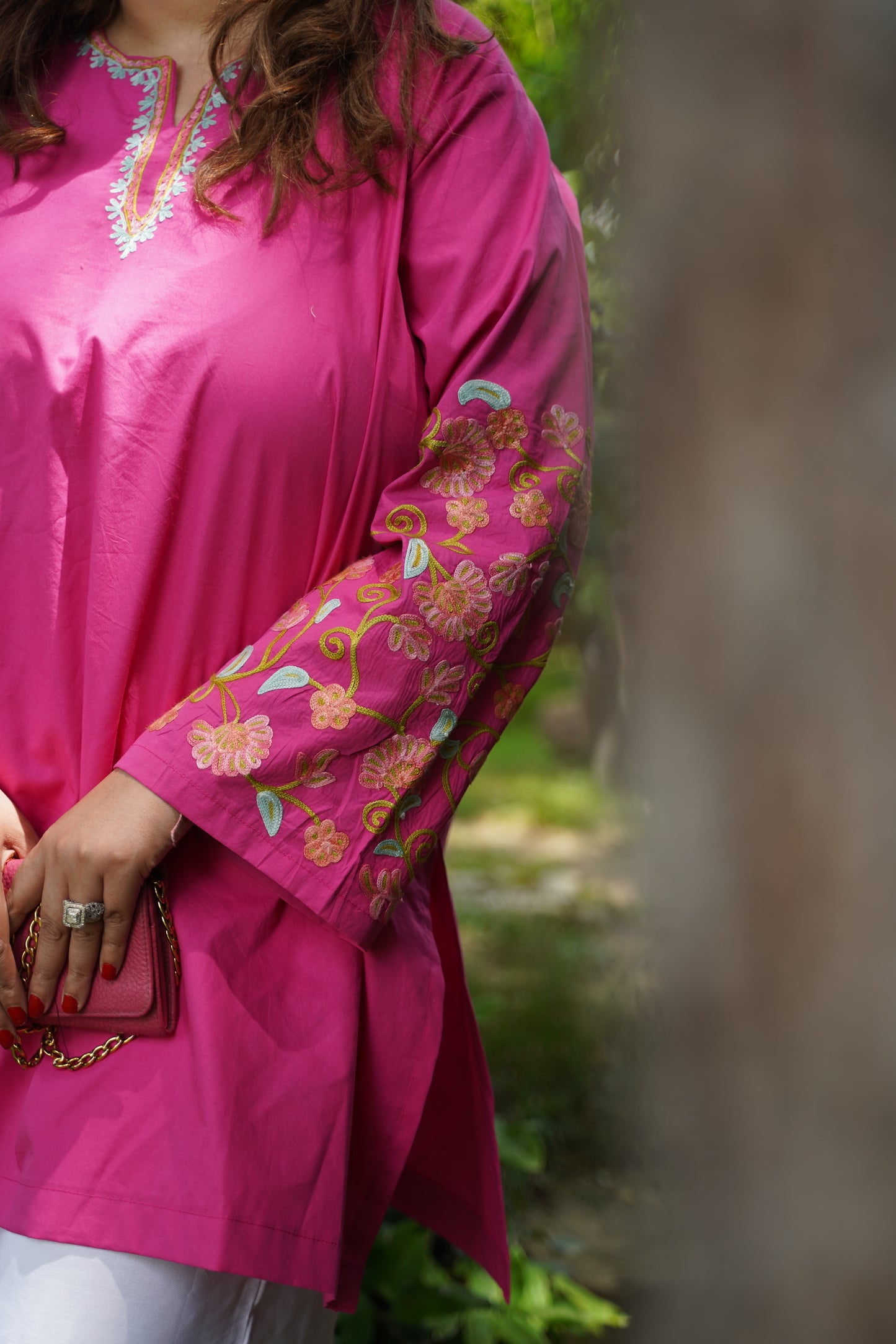 2-Piece Rani Pink Co-Ord with Sleeve Jaali Work and White Balloon Pants
