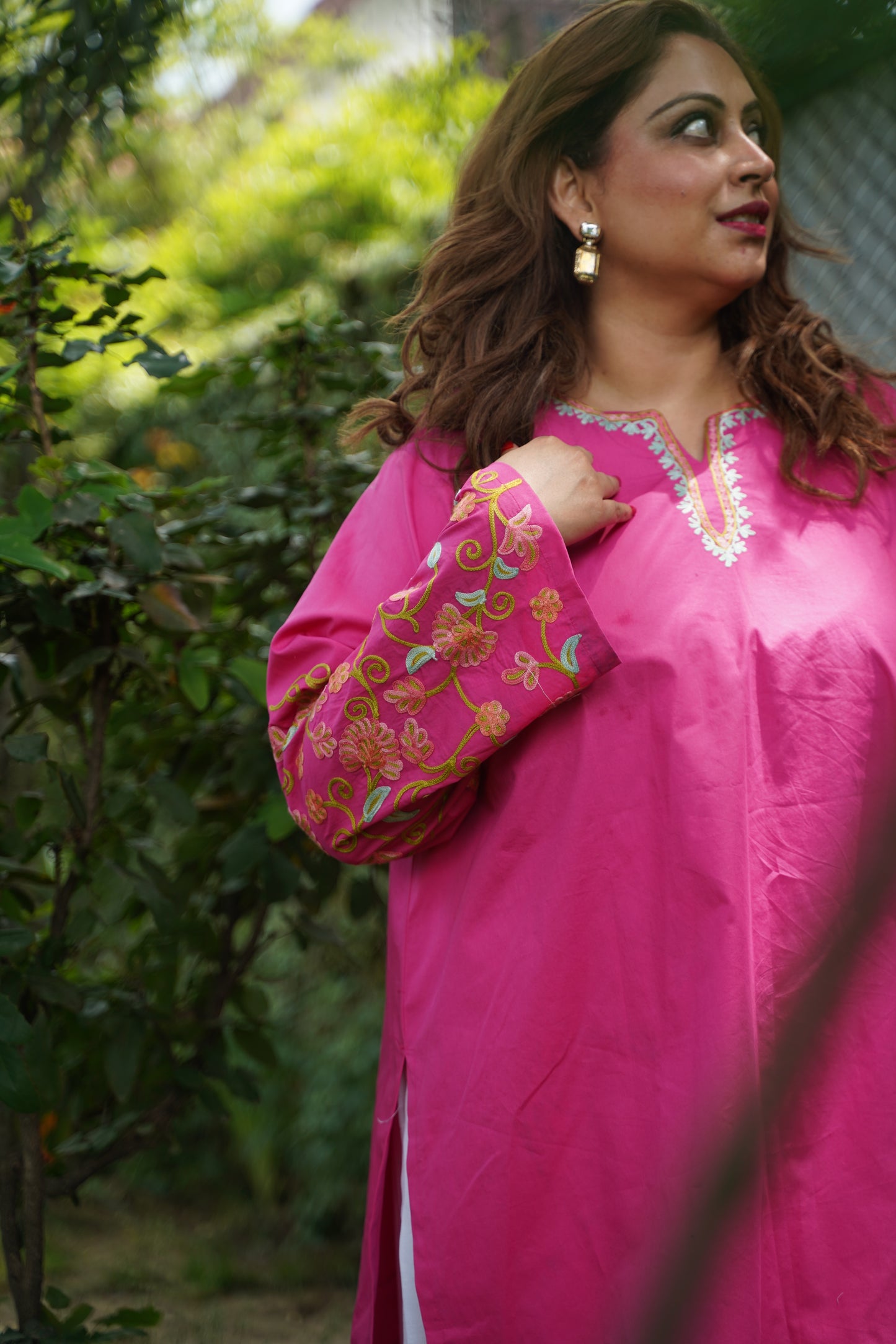 2-Piece Rani Pink Co-Ord with Sleeve Jaali Work and White Balloon Pants