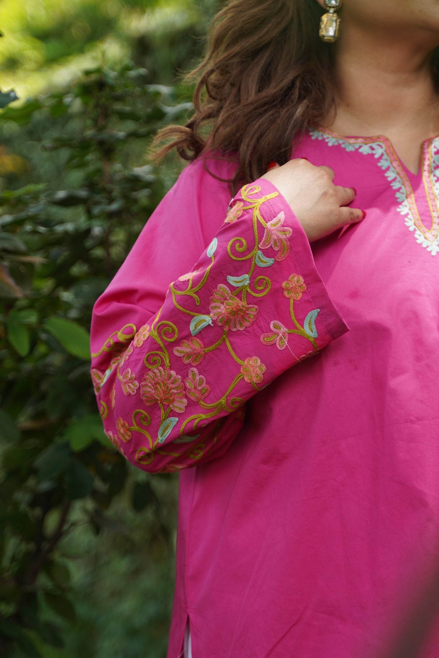 2-Piece Rani Pink Co-Ord with Sleeve Jaali Work and White Balloon Pants