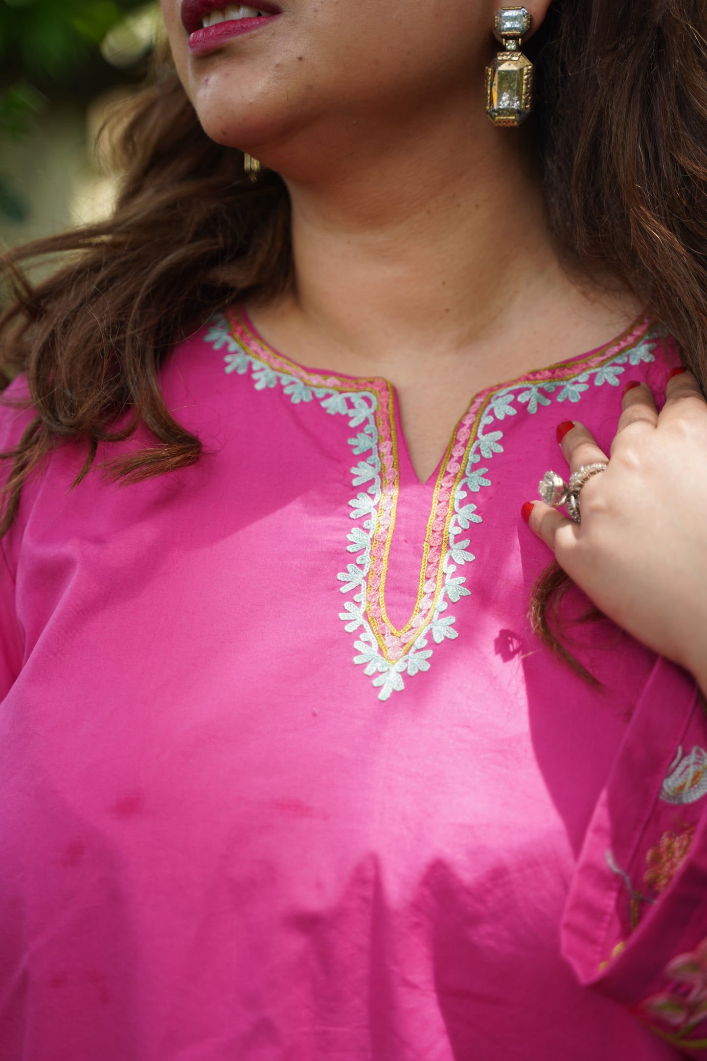 2-Piece Rani Pink Co-Ord with Sleeve Jaali Work and White Balloon Pants