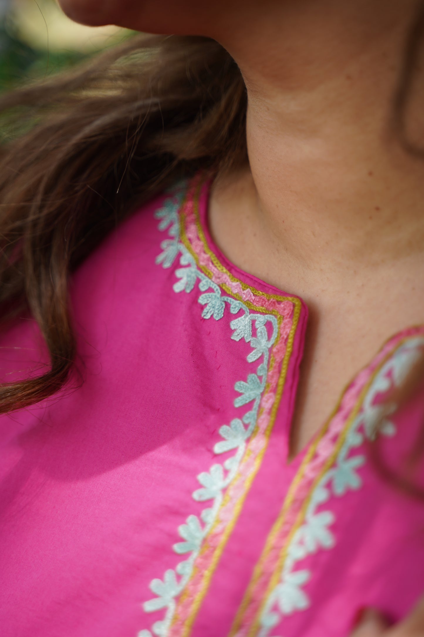 2-Piece Rani Pink Co-Ord with Sleeve Jaali Work and White Balloon Pants