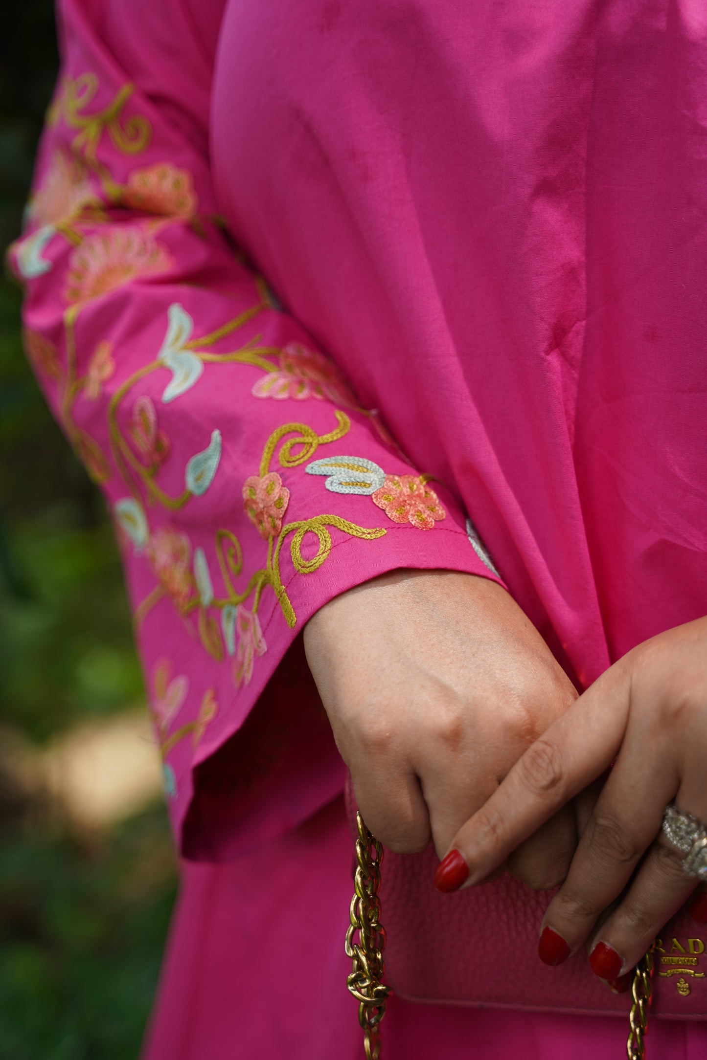 2-Piece Rani Pink Co-Ord with Sleeve Jaali Work and White Balloon Pants