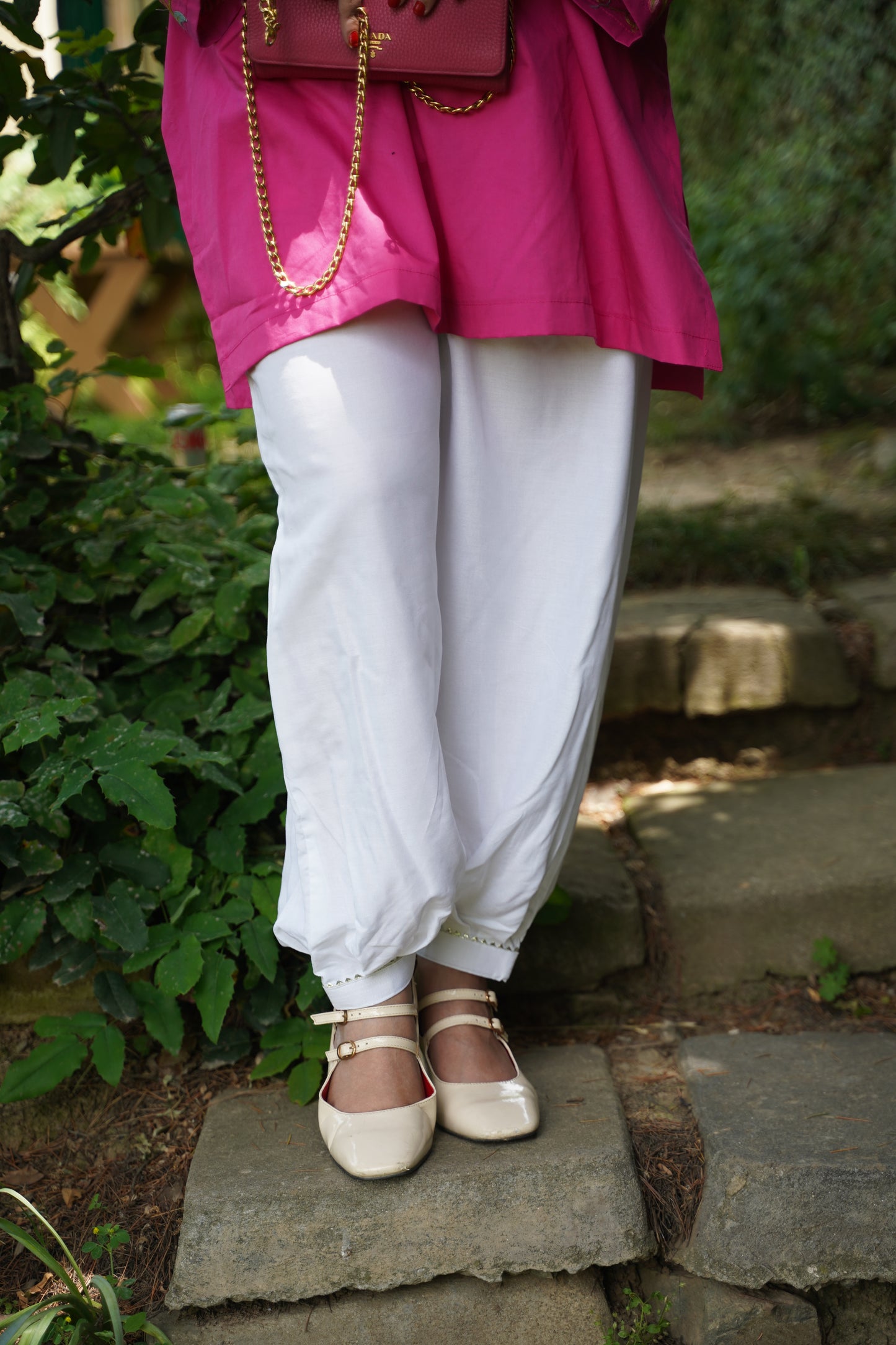 2-Piece Rani Pink Co-Ord with Sleeve Jaali Work and White Balloon Pants
