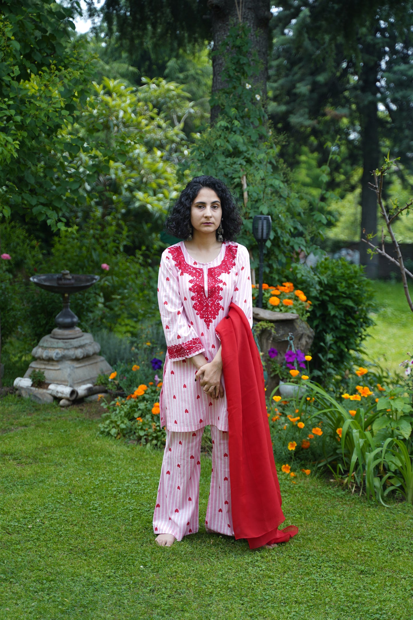 3-Piece Red, White and Pink Heart Aari Co-Ord Set