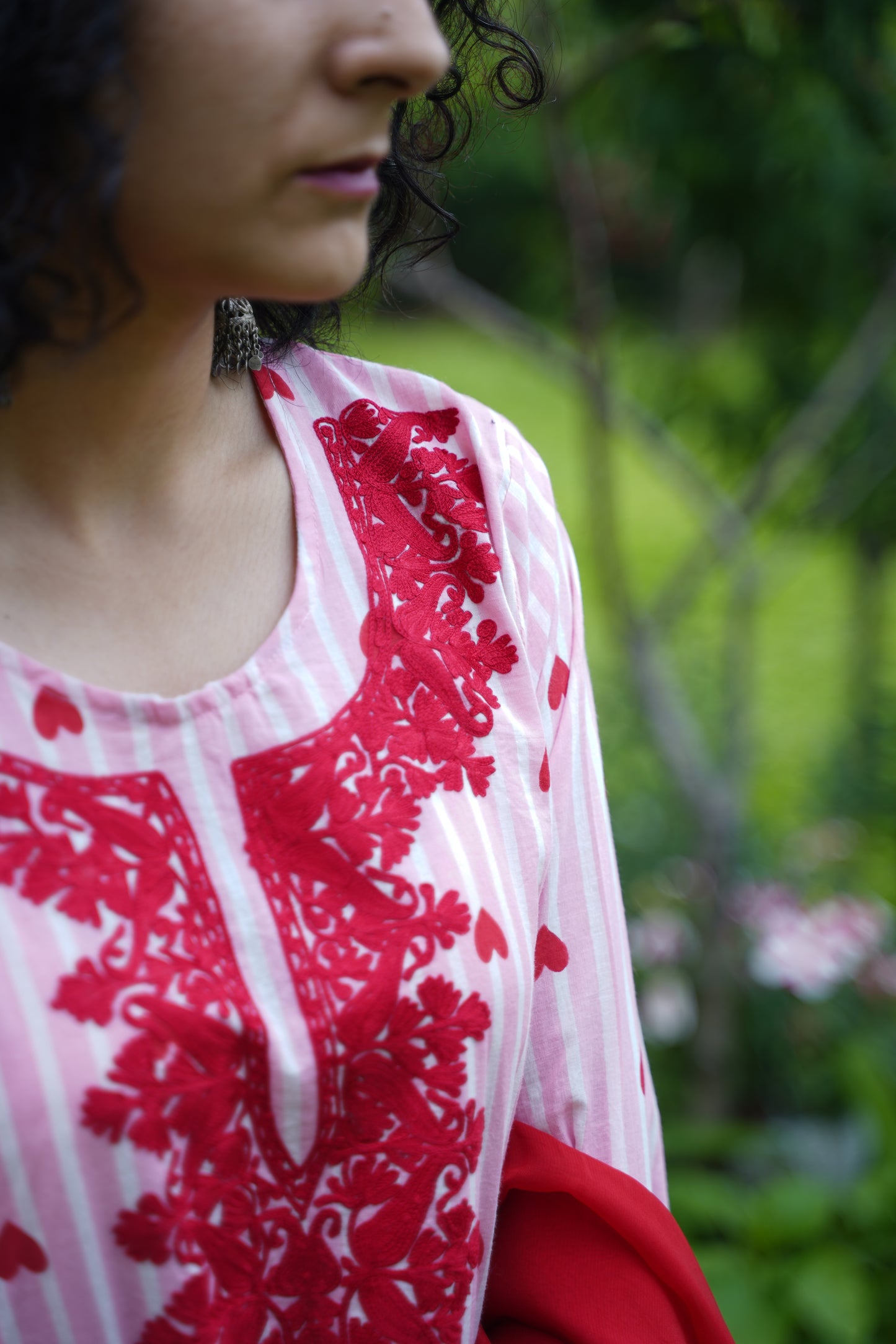 3-Piece Red, White and Pink Heart Aari Co-Ord Set